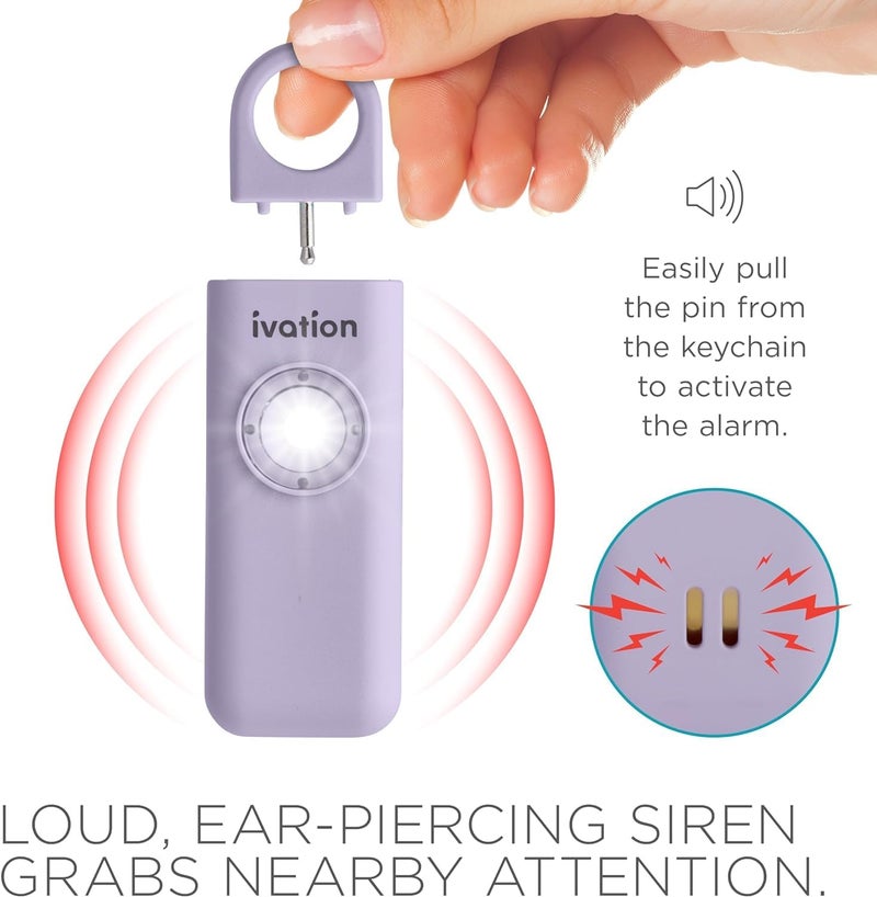 Ivation Personal Rechargeable SOS Alarm, Pocket Size Loud 130dB Sound Safety Siren & LED Panic Strobe Light with Carabiner Keychain Clip for Women, Children & Seniors, Lavender - Image 4